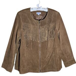 D&Co Denim & Company Women's Brown Suede Leather Zip Up Fringe Jacket Size 2X